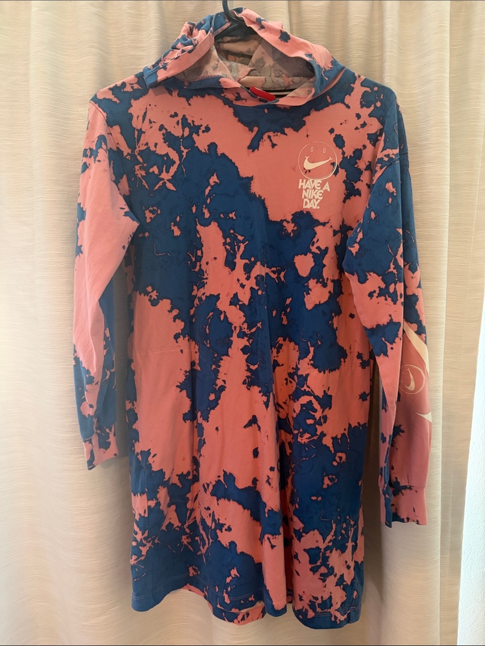 Nike Coral and Navy Tie-Dye Hoodie Dress - Small